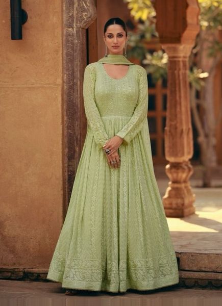 Pista Green Georgette Mirror-Work Party-Wear Readymade Gown With Dupatta