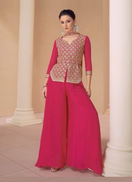 Magenta Real Chinon Silk Embroidered Party-Wear Readymade Indo-Western Outfit