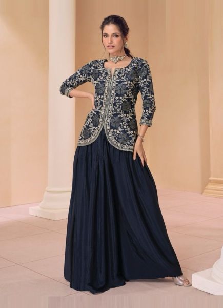 Navy Blue Real Chinon Silk Embroidered Party-Wear Readymade Indo-Western Outfit