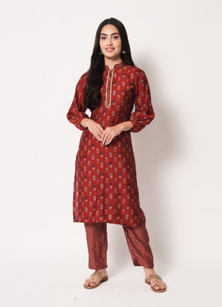 Maroon Chanderi Silk Printed Festive-Wear Readymade Kurti With Pant