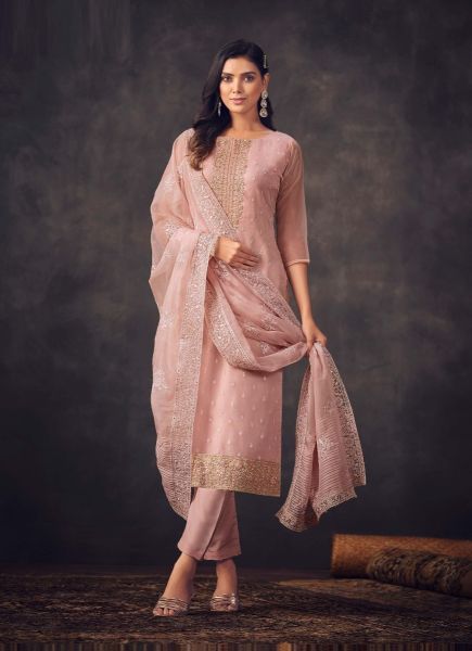 Pink Embroidered Organza-Dupatta Salwar Kameez For Traditional / Religious Occasions