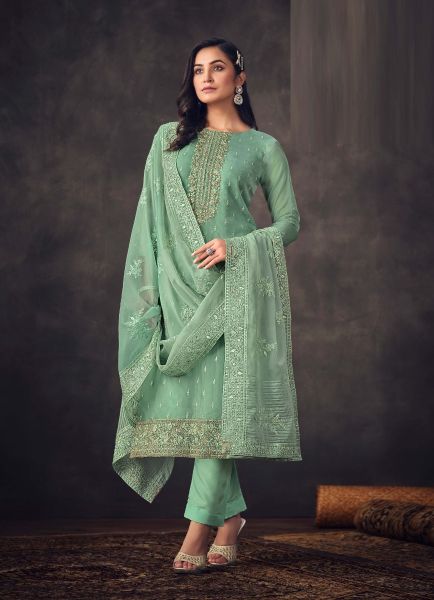 Sea Green Embroidered Organza-Dupatta Salwar Kameez For Traditional / Religious Occasions