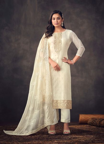 Off White Embroidered Organza-Dupatta Salwar Kameez For Traditional / Religious Occasions