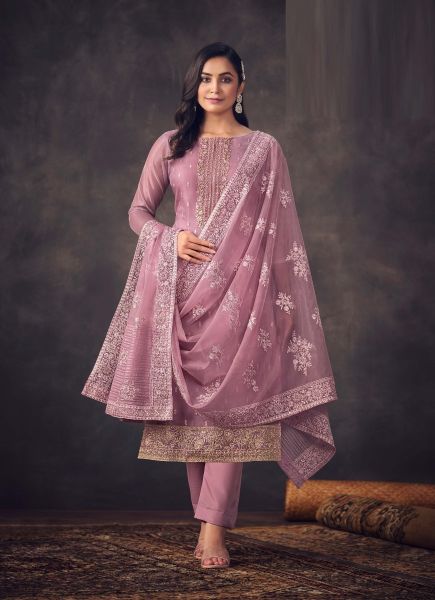 Mauve Pink Embroidered Organza-Dupatta Salwar Kameez For Traditional / Religious Occasions