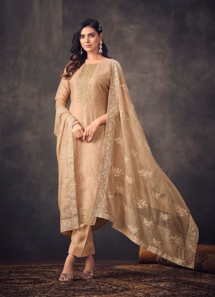 Burlywood Embroidered Organza-Dupatta Salwar Kameez For Traditional / Religious Occasions