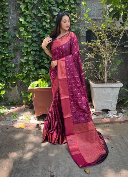 Purple Silk Jacquard Weaving Festive-Wear Saree