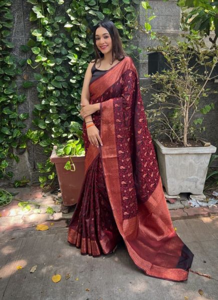 Wine Silk Jacquard Weaving Festive-Wear Saree