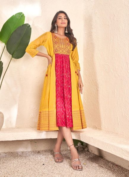 Yellow & Magenta Cotton With Foil Printed Party-Wear Readymade Anarkali Kurti