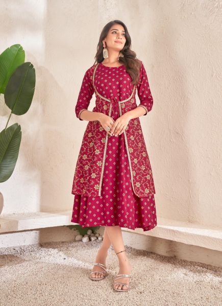 Wine Red Cotton With Foil Printed Party-Wear Readymade Anarkali Kurti