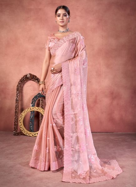 Pink Burberry Silk Thread & Sequins-Work Saree For Kitty Parties