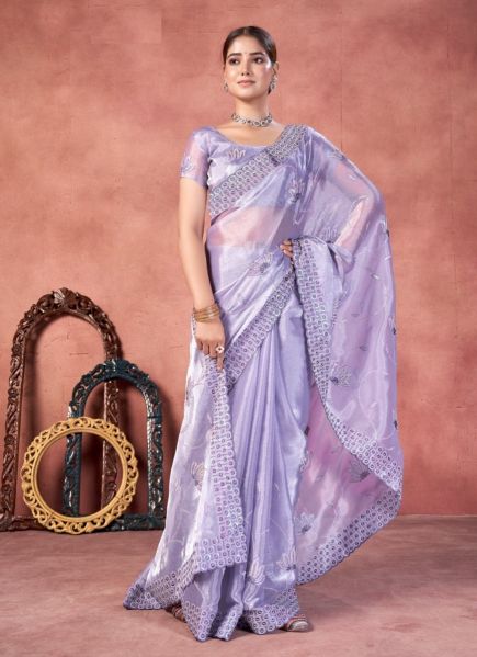 Lavender Burberry Silk Thread & Sequins-Work Saree For Kitty Parties