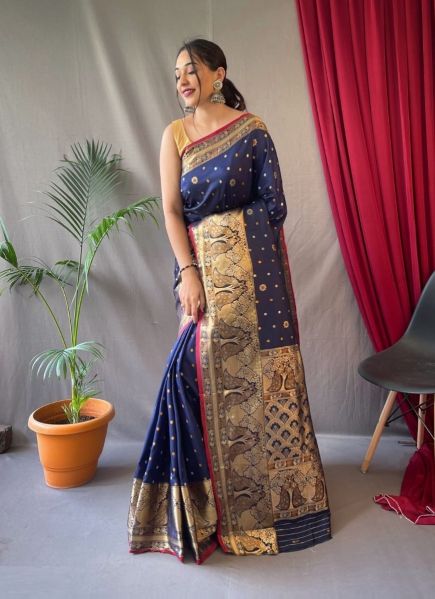 Dark Blue Silk Weaving Festive-Wear Kanjivaram Saree