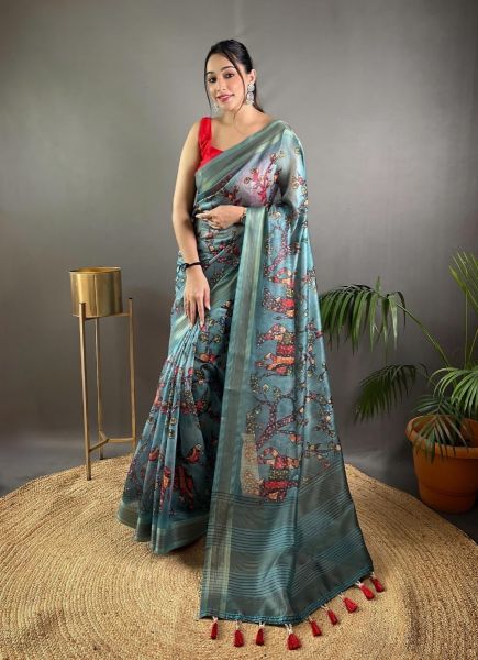 Sky Blue Pashmina Silk Floral Digitally Printed Festive-Wear Saree