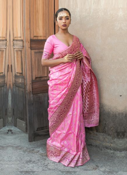Hot Pink Weaving Festive-Wear Soft Silk Saree