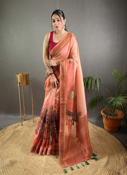 Light Salmon Pashmina Silk Floral Digitally Printed Festive-Wear Saree