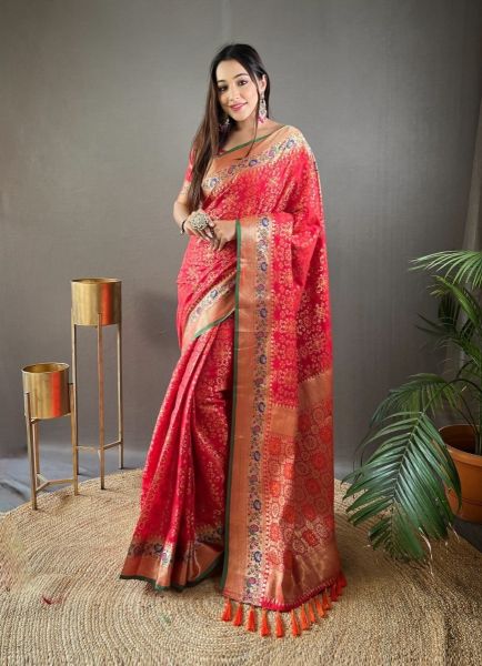 Red Silk Bandhani Weaving Ready-To-Wear Saree For Traditional / Religious Occasions