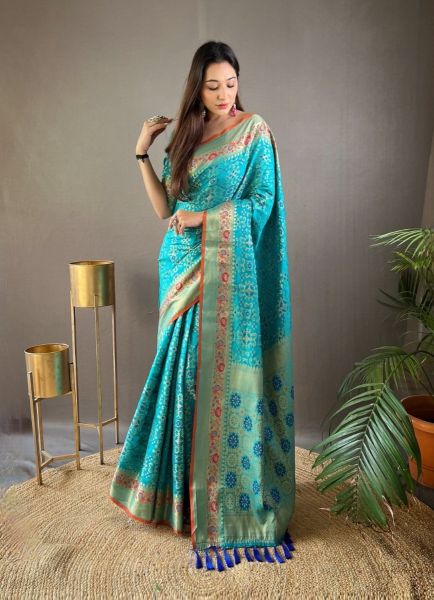 Aqua Silk Bandhani Weaving Ready-To-Wear Saree For Traditional / Religious Occasions