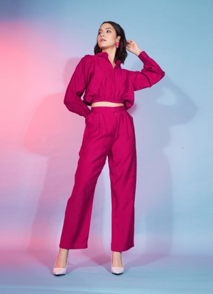 Hot Pink Viscose Rayon Weaving Party-Wear Readymade Co-Ord Set
