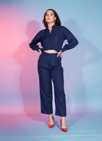 Navy Blue Viscose Rayon Weaving Party-Wear Readymade Co-Ord Set