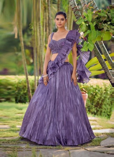 Light Violet Silk Handwork Wedding-Wear Readymade Crop-Top Lehenga Choli