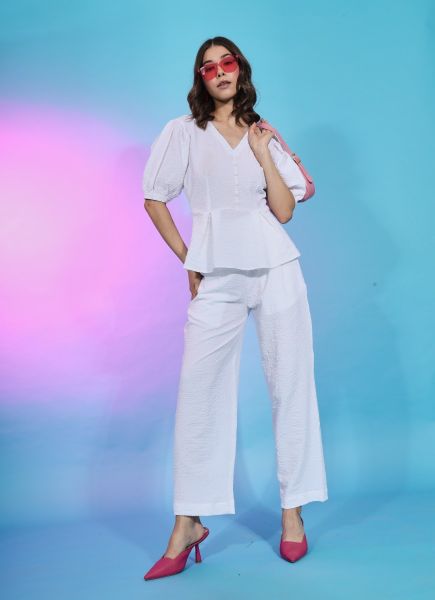 White Viscose Weaving Readymade Co-Ord Set For Night-Wear