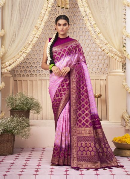 Lilac & Purple Bandhani Raw Silk Festive-Wear Saree