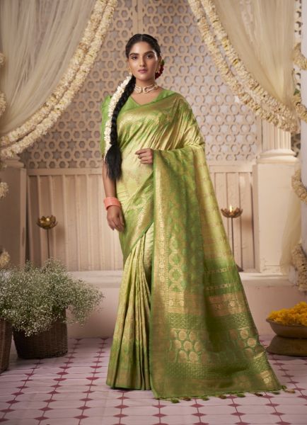 Parrot Green Bandhani Raw Silk Festive-Wear Saree
