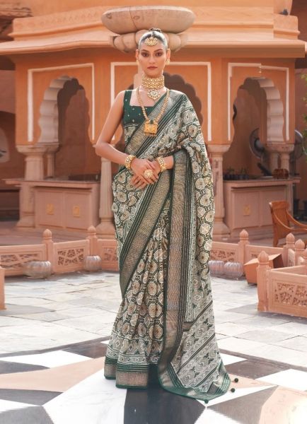 Bottle Green & Gray Silk Foil Printed Party-Wear Saree