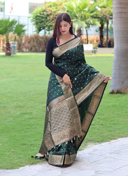 Dark Green Organza Weaving Festive-Wear Soft Silk Saree