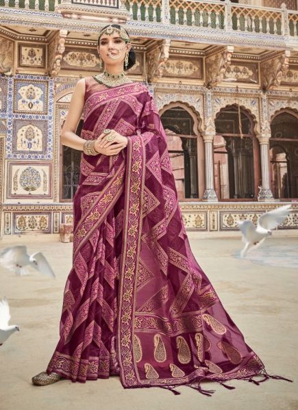 Purple Organza Weaving Festive-Wear Soft Silk Saree