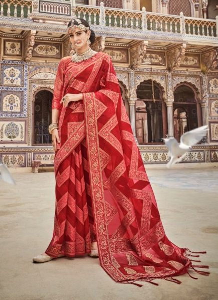 Red Organza Weaving Festive-Wear Soft Silk Saree