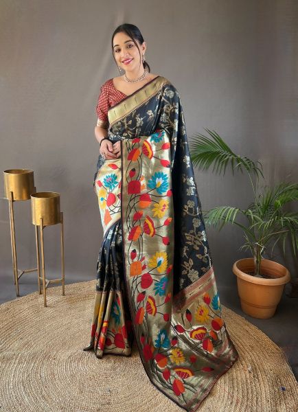Dark Navy Blue Woven Paithani Silk Saree For Traditional / Religious Occasions