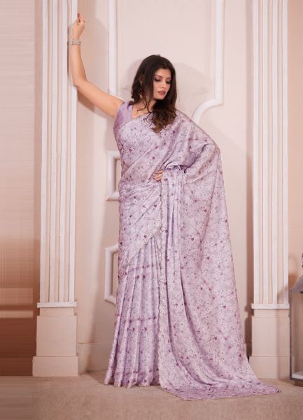 Lilac Satin Georgette Digitally Printed Carnival Saree For Kitty Parties