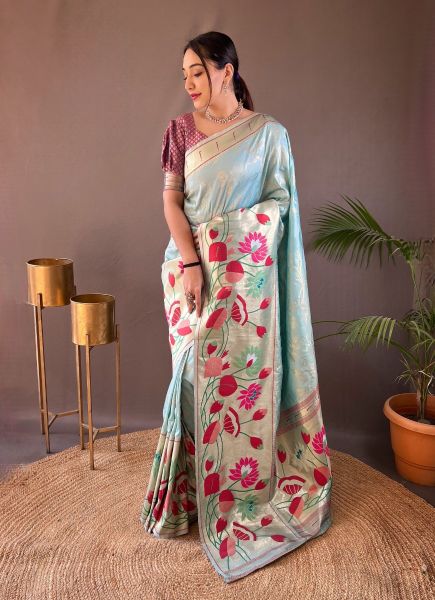 Light Sky Blue Woven Paithani Silk Saree For Traditional / Religious Occasions