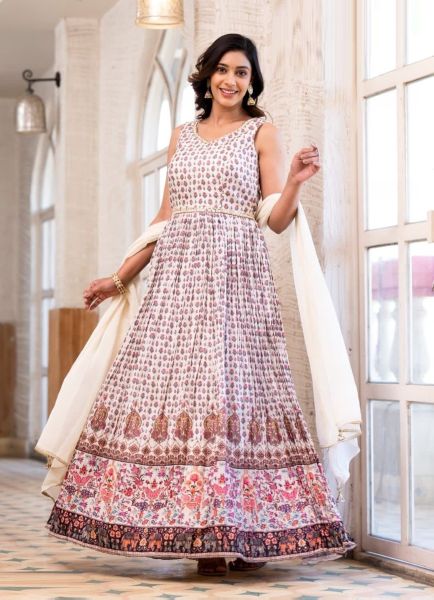 White Soft Dolla Digitally Printed Ramadan Special Readymade Gown With Dupatta