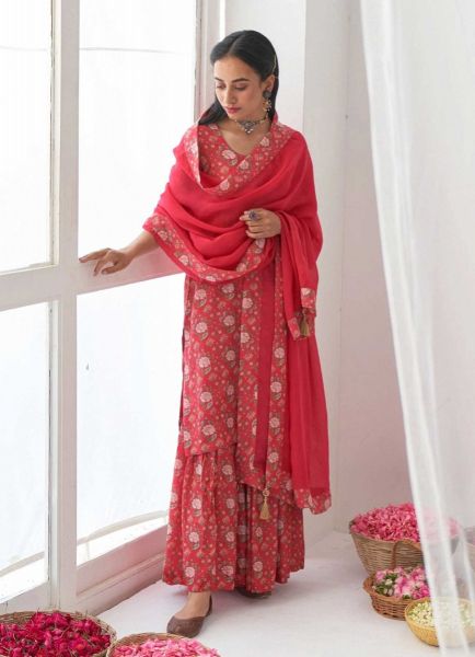 Red Muslin Printed Festive-Wear Palazzo-Bottom Readymade Salwar Kameez