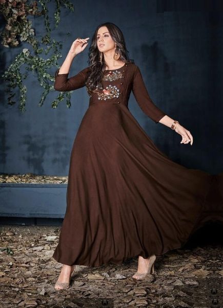 Dark Brown Rayon Thread-Work Party-Wear Readymade Floor-Length Gown