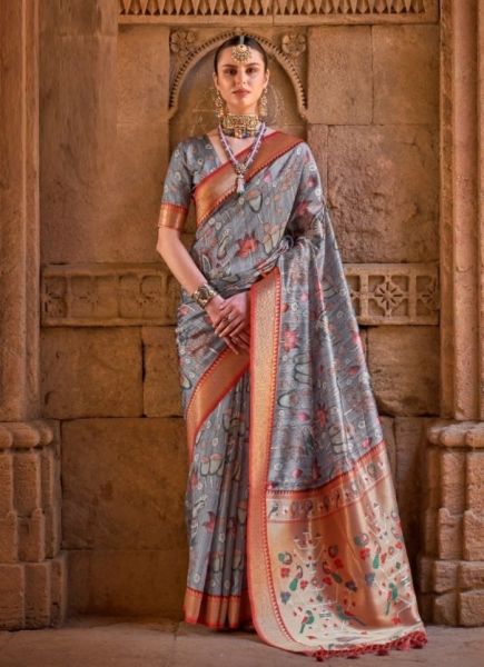 Gray Pathani Floral Digitally Printed Festive-Wear Saree
