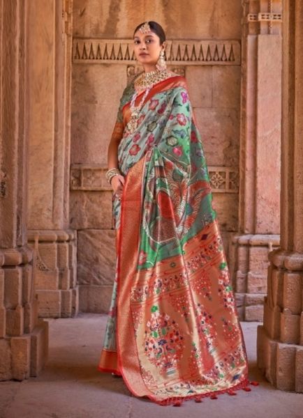 Green Pathani Floral Digitally Printed Festive-Wear Saree