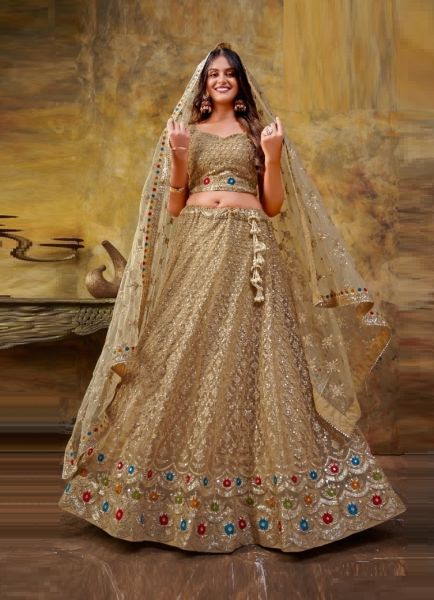 Light Brown Net Embroidery & Sequins-Work Party-Wear Lehenga Choli