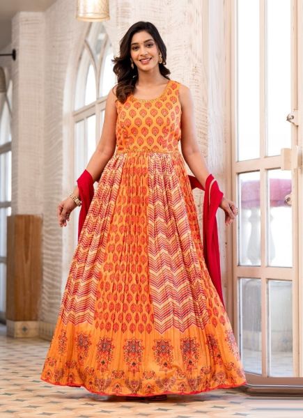 Orange Soft Dolla Digitally Printed Ramadan Special Readymade Gown With Dupatta