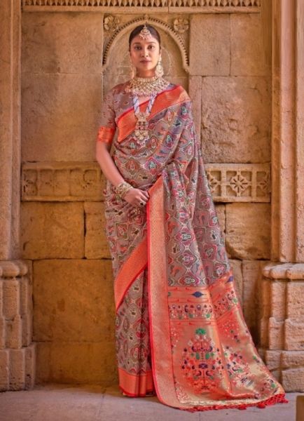 Brown Pathani Floral Digitally Printed Festive-Wear Saree