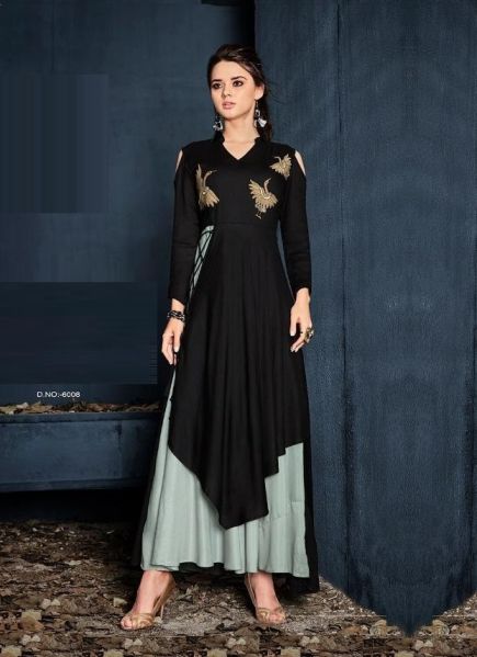 Black Rayon Thread-Work Party-Wear Readymade Floor-Length Gown