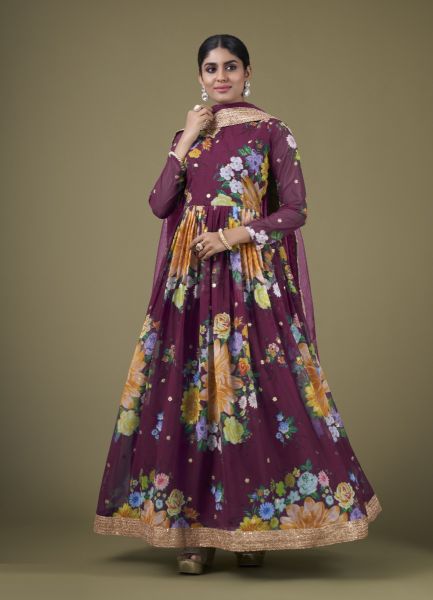 Purple Faux Georgette Digitally Printed Resort-Wear Anarkali Salwar Kameez
