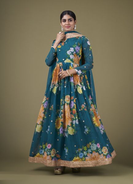 Teal Blue Faux Georgette Digitally Printed Resort-Wear Anarkali Salwar Kameez