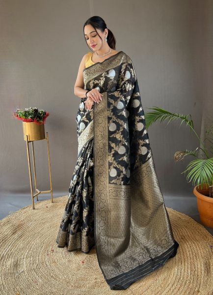 Black Woven Linen-Cotton Saree For Traditional / Religious Occasions
