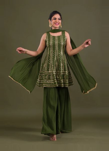 Olive Green Georgette Sequins-Work Gharara-Bottom Readymade Salwar Kameez