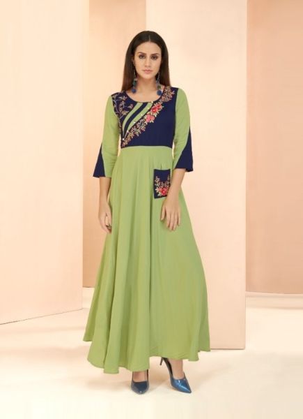 Light Green Rayon Embroidered Festive-Wear Long Floor-Length Readymade Kurti