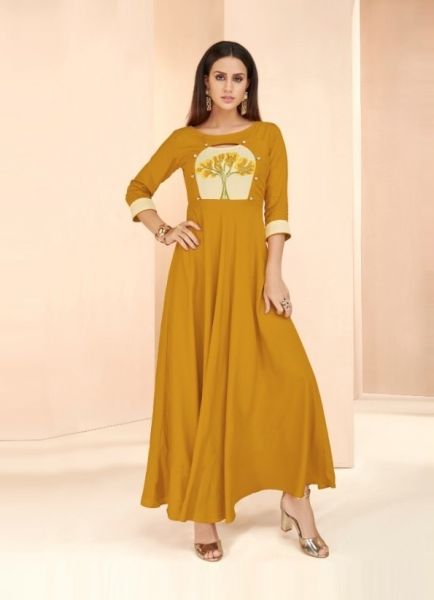 Mustard Yellow Rayon Embroidered Festive-Wear Long Floor-Length Readymade Kurti