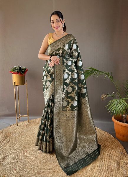 Bottle Green Woven Linen-Cotton Saree For Traditional / Religious Occasions